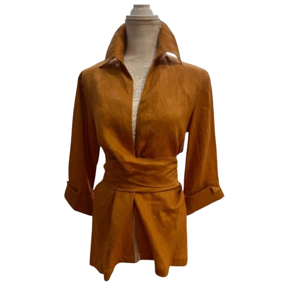Dawn Bacchus Private Collection XS Ochre 100% Linen Tie Front Wrap Top Collared